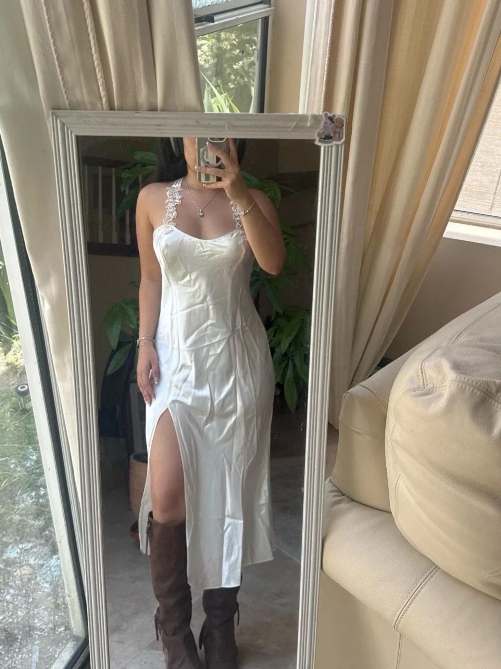 White Lace-Trim Slip Dress with Side Slit by